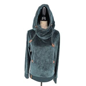 NAKETANO Womens Hoodie Pullover Sweatshirt SMALL Teal Brave New World Nice